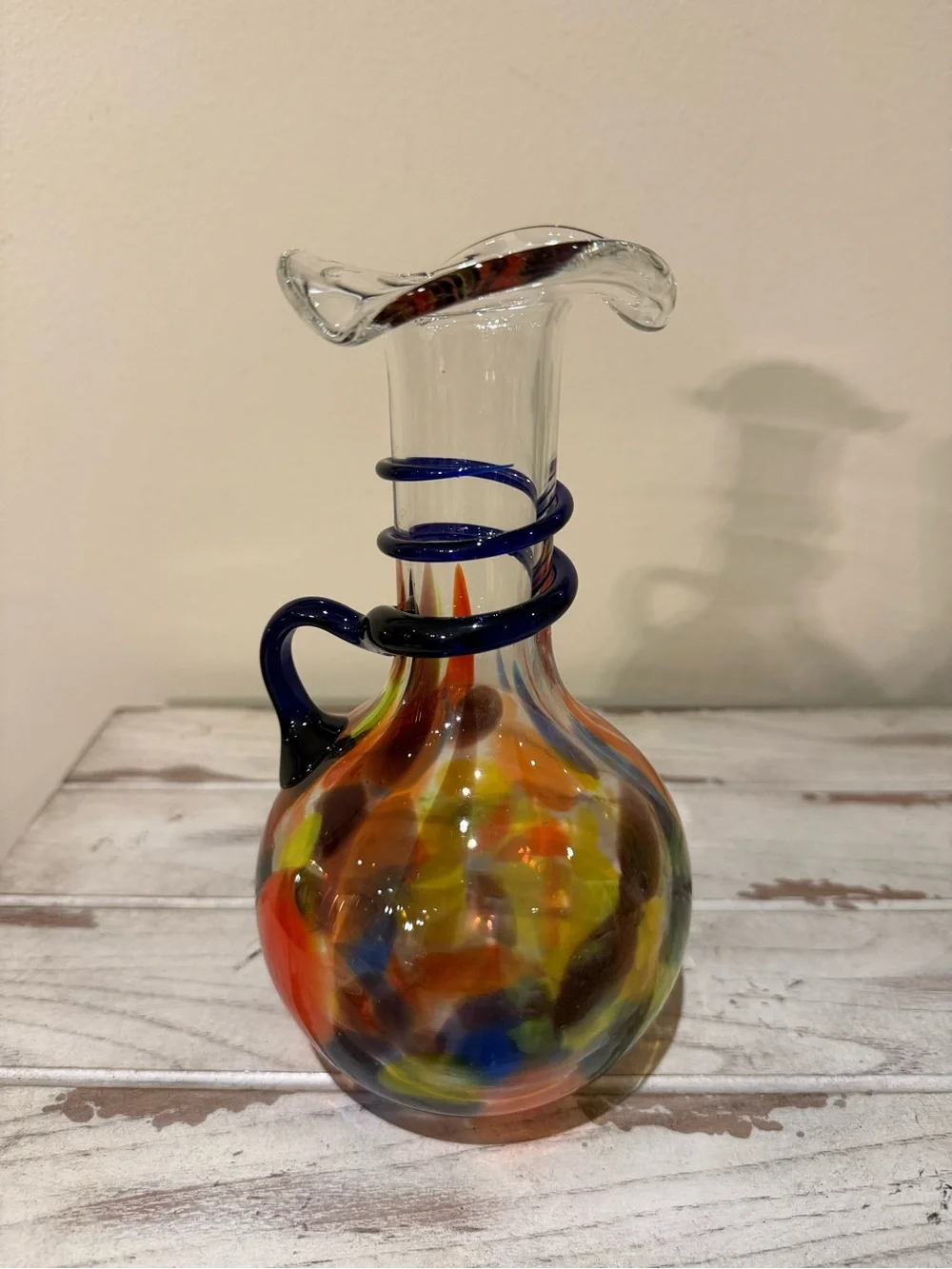 Vtg Hand Blown Art Glass Pitcher Ruffled Neck Spout Spiral Handle End Of Day